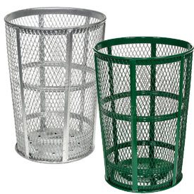 Green and blue metal garbage cans show part of our NY State contract for group 21510 which consists of outdoor and site furniture.