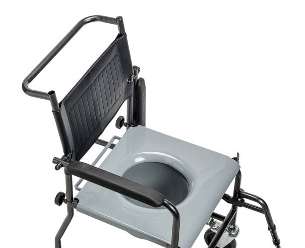 Upholstered Commode with Drop-Arms, Footrests, and Wheels