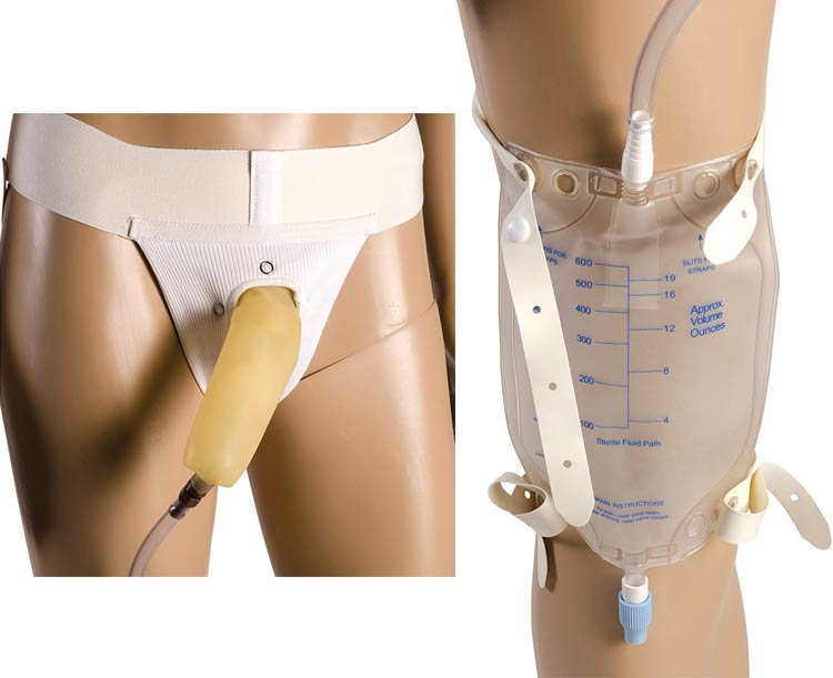 McGuire-Style Suspensory Male Urinal Unit with sheath, leg bag, straps