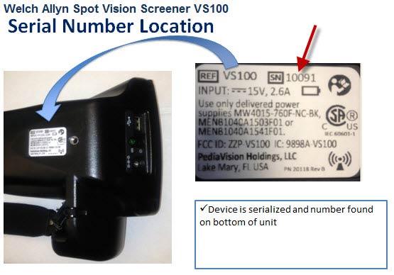 Location of serial number for SPOT VS100 Vision Screener